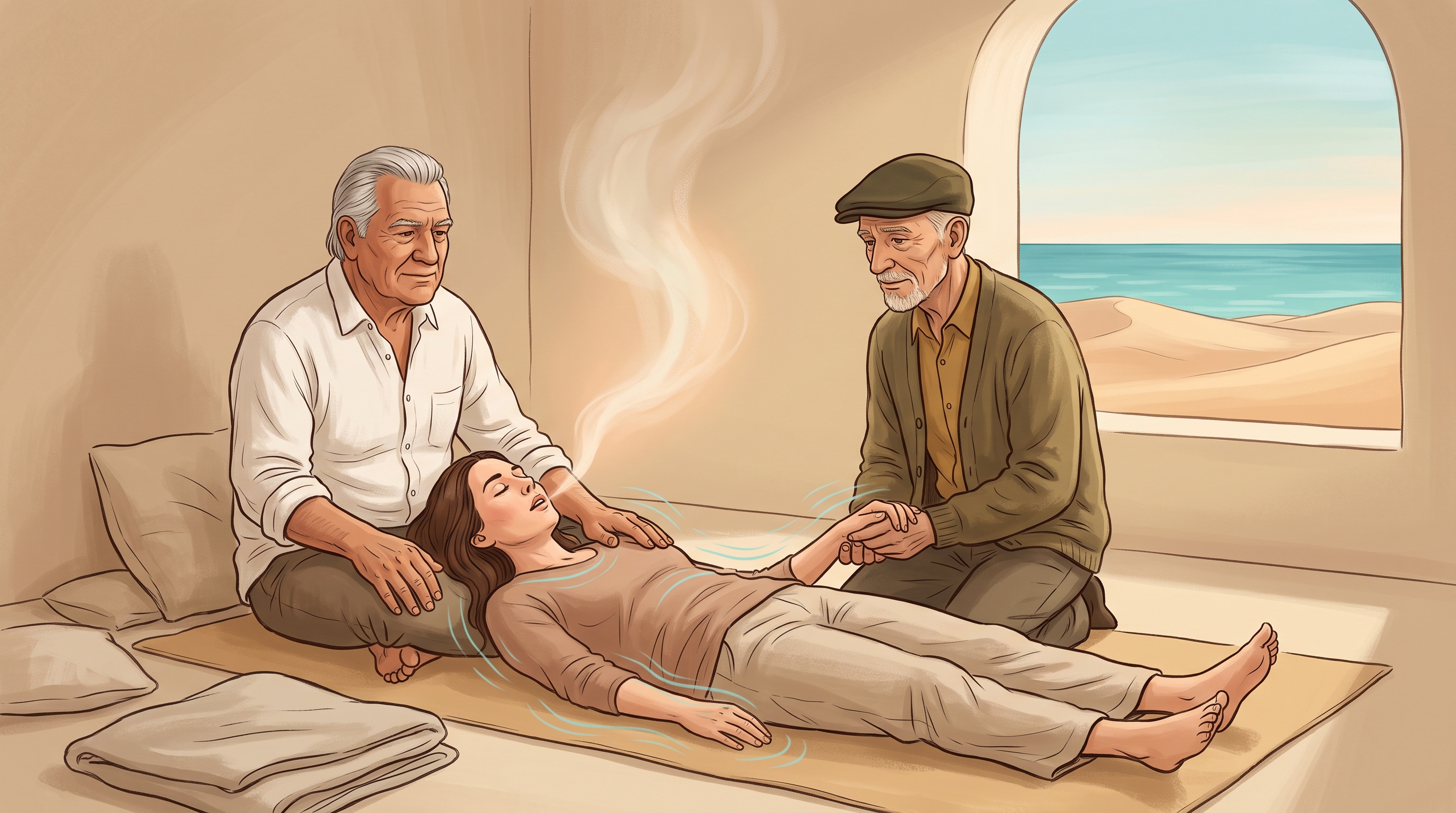 Two elders accompanying a person through a Holotropic Breathwork session
